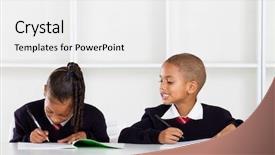  Presentation with elementary - Colorful PPT theme enhanced with writing test - cute elementary schoolboy peeking backdrop and a white colored foreground