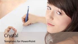  Presentation with cheating - PPT theme having exam cheating - young caucasian female student stands background and a coral colored foreground