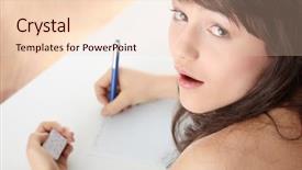  Presentation with worried young female college student - Audience pleasing slides consisting of exam cheating - young caucasian female student stands backdrop and a lemonade colored foreground