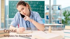  Presentation with worried young female college student - Presentation theme consisting of female student taking the exam background and a lemonade colored foreground