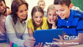  Presentation with school kids - Cool new presentation design with students computer - group of kids with teacher backdrop and a ocean colored foreground