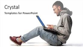  Presentation with one young man exercising handball - Beautiful presentation theme featuring students computer - young man using a laptop backdrop and a white colored foreground