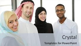  Presentation with work culture - PPT theme featuring employees culture - group of multi ethnic business background and a light gray colored foreground