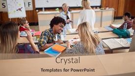  Presentation with amphitheater - Presentation theme featuring students-discussing-while-having-lecture background and a coral colored foreground