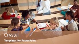  Presentation with amphitheater - Cool new presentation theme with students-discussing-while-having-lecture backdrop and a coral colored foreground