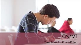  Presentation with color full - Presentation design enhanced with tied books with pink rose on wooden table closeup background and a coral colored foreground.