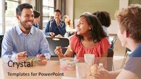  Presentation with school cafeteria - Cool new PPT theme with students eating lunch in high backdrop and a coral colored foreground