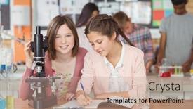  Presentation with microscope - Colorful PPT layouts enhanced with students-experimenting-on-microscope backdrop and a  colored foreground