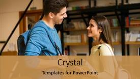  Presentation with students - Beautiful PPT theme featuring students friends couple in library backdrop and a gold colored foreground