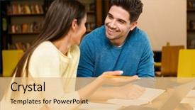  Presentation with diversity students friends happiness concept - PPT theme featuring students friends couple in library background and a coral colored foreground