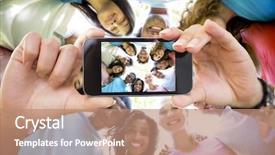  Presentation with huddle - Beautiful PPT theme featuring students fun - hand holding smartphone showing friends backdrop and a coral colored foreground