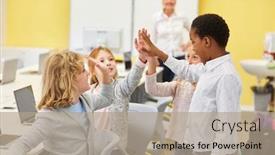  Presentation with give - Beautiful slide deck featuring students-give-themselves-a-high backdrop and a coral colored foreground