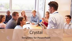  Presentation with college students - Beautiful slide set featuring students giving lesson in classroom backdrop and a coral colored foreground