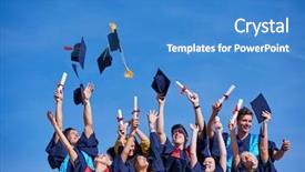  Presentation with tossing - Audience pleasing PPT theme consisting of students graduates tossing up hats backdrop and a teal colored foreground