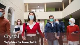  Presentation with face mask - Audience pleasing theme consisting of students-group-at-university-walking backdrop and a tawny brown colored foreground