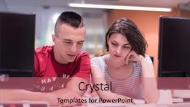  Presentation with technology students - Beautiful slide set featuring students group in computer lab backdrop and a coral colored foreground