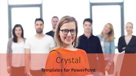  Presentation with teamwork school - PPT theme with students group standing together as team in modern school university teamwork business concept background and a red colored foreground