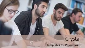  Presentation with study - Presentation having students group study together in school classroom and working together homework project background and a coral colored foreground