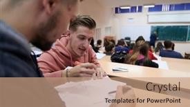  Presentation with students - Presentation design consisting of students-gruop-in-the-uni background and a coral colored foreground