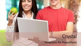  Presentation with fruit - Slide set consisting of students holding laptop and fruit outdoor background and a coral colored foreground