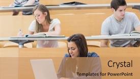  Presentation with lecture hall - Cool new PPT theme with students in a lecture hall taking notes with one using laptop backdrop and a coral colored foreground