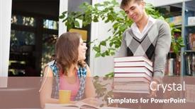  Presentation with university library - PPT theme with students-in-a-university-library background and a coral colored foreground