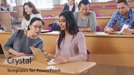  Presentation with group of students raising hands - Audience pleasing theme consisting of students in an auditorium backdrop and a coral colored foreground