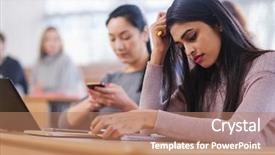  Presentation with students - Presentation theme featuring students in an auditorium background and a coral colored foreground