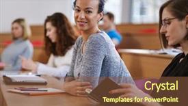  Presentation with group of students raising hands - PPT theme consisting of students in an auditorium background and a tawny brown colored foreground