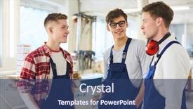  Presentation with woodworking - Beautiful presentation theme featuring students in blue overalls standing backdrop and a  colored foreground