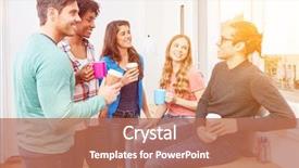  Presentation with group of students raising hands - Slides featuring students in cafe having coffee background and a coral colored foreground