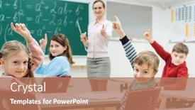  Presentation with class - Audience pleasing slide deck consisting of students-in-class-raising-hands backdrop and a coral colored foreground