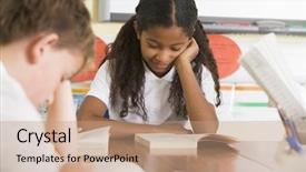  Presentation with class - Beautiful PPT layouts featuring students in class reading books backdrop and a coral colored foreground
