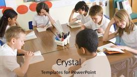  Presentation with class - Colorful PPT theme enhanced with students in class reading books backdrop and a coral colored foreground