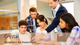  Presentation with group training - Presentation theme featuring students in computer training background and a coral colored foreground