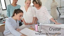  Presentation with group training - Slides with students in dressmaking training school background and a  colored foreground