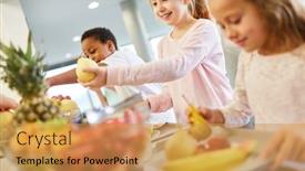  Presentation with school cafeteria - Amazing PPT theme having students-in-elementary-school backdrop and a yellow colored foreground