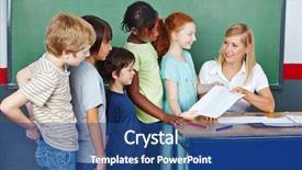  Presentation with school desk - Slides featuring students in elementary school background and a ocean colored foreground