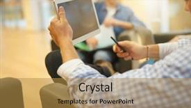  Presentation with students on tablets - Colorful slides enhanced with students in lounge room connected backdrop and a  colored foreground