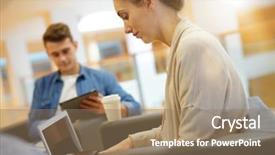  Presentation with tablets - Cool new presentation design with students in lounge room connected backdrop and a  colored foreground