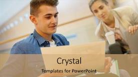  Presentation with students working in groups - Beautiful presentation theme featuring students in lounge room working backdrop and a  colored foreground