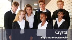  Presentation with school building - Amazing slide set having students in uniform outside school backdrop and a dark gray colored foreground