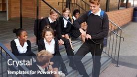  Presentation with school building - Presentation design consisting of students in uniform outside school background and a dark gray colored foreground