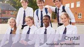 Presentation with teenage - PPT theme with students in uniform outside school background and a lemonade colored foreground