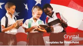  Presentation with stars stripes - Colorful presentation theme enhanced with students in uniforms using digital tablets against american flag with stripes and stars backdrop and a tawny brown colored foreground