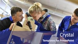  Presentation with carpenter - Colorful PPT layouts enhanced with working classes - carpenter with students in workshop backdrop and a navy blue colored foreground