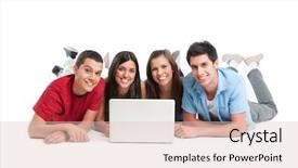  Presentation with employees working together - Cool new PPT theme with students internet - happy smiling friends working together backdrop and a lemonade colored foreground