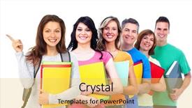  Presentation with group of students raising hands - Presentation with students isolated over white background background and a  colored foreground