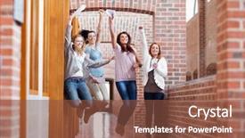  Presentation with students - Presentation design having students jumping with their results background and a tawny brown colored foreground