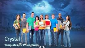  Presentation with urban students - Audience pleasing slides consisting of students large group over urban background education backdrop and a ocean colored foreground